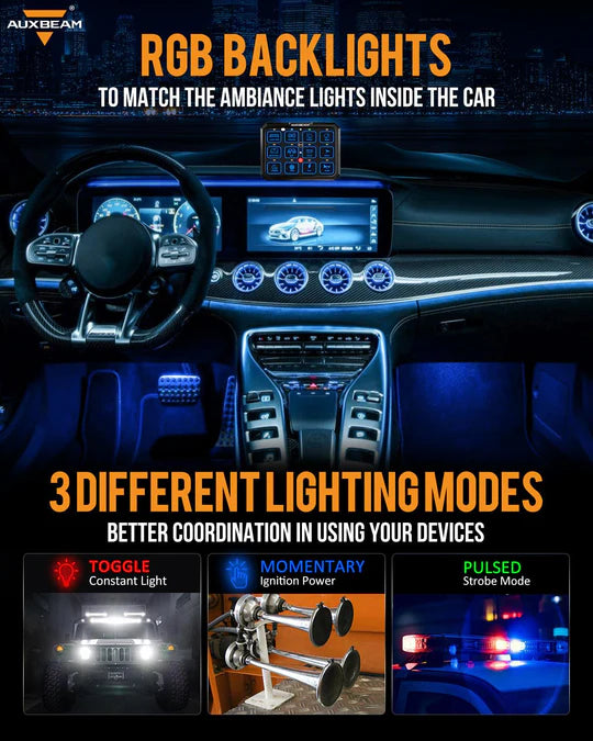 AUXBEAM RB120 RGB Switch Panel, Toggle/ Momentary/ Pulsed Mode Supported (Two-Sided Outlet)