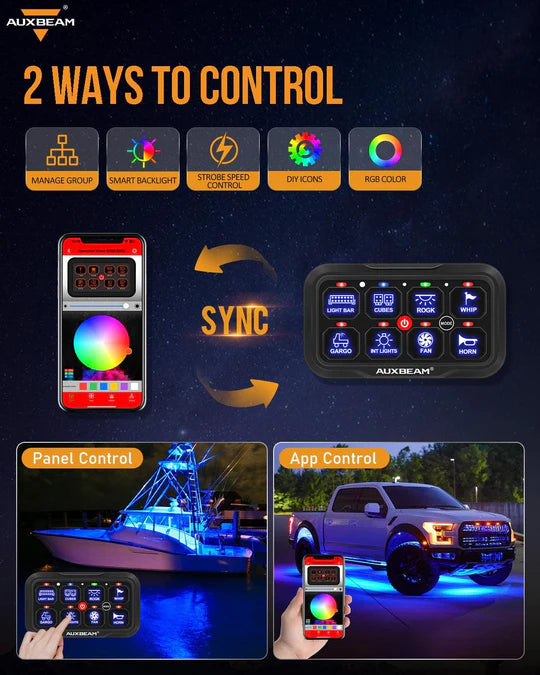 AUXBEAM AR-800 RGB Switch Panel with APP, Toggle/ Momentary/ Pulsed Mode Supported(One-Sided Outlet)