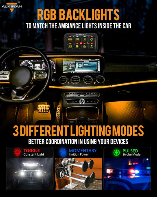 AUXBEAM RB80 RGB Switch Panel, Toggle/ Momentary/ Pulsed Mode Supported (Two-Sided Outlet)