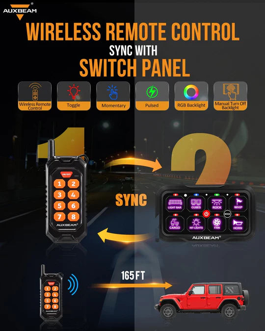 AUXBEAM RC-800 RGB Switch Panel with Remote Controller, Toggle/ Momentary/ Pulsed Mode Supported(One-Sided Outlet)