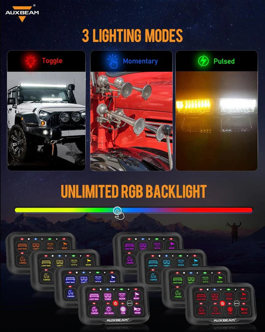 AUXBEAM AC-800 RGB Switch Panel with APP&Remote Control, Toggle/ Momentary/ Pulsed Mode Supported