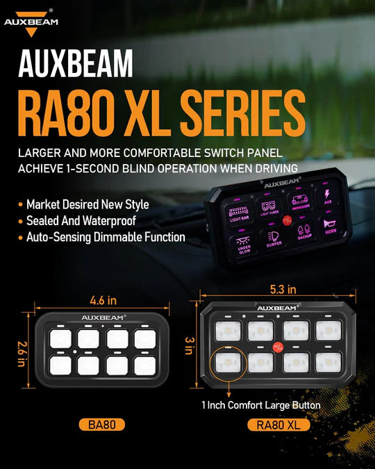 AUXBEAM RA80 XL RGB Switch Panel, Larger Size, Toggle/ Momentary/ Pulsed Mode Supported