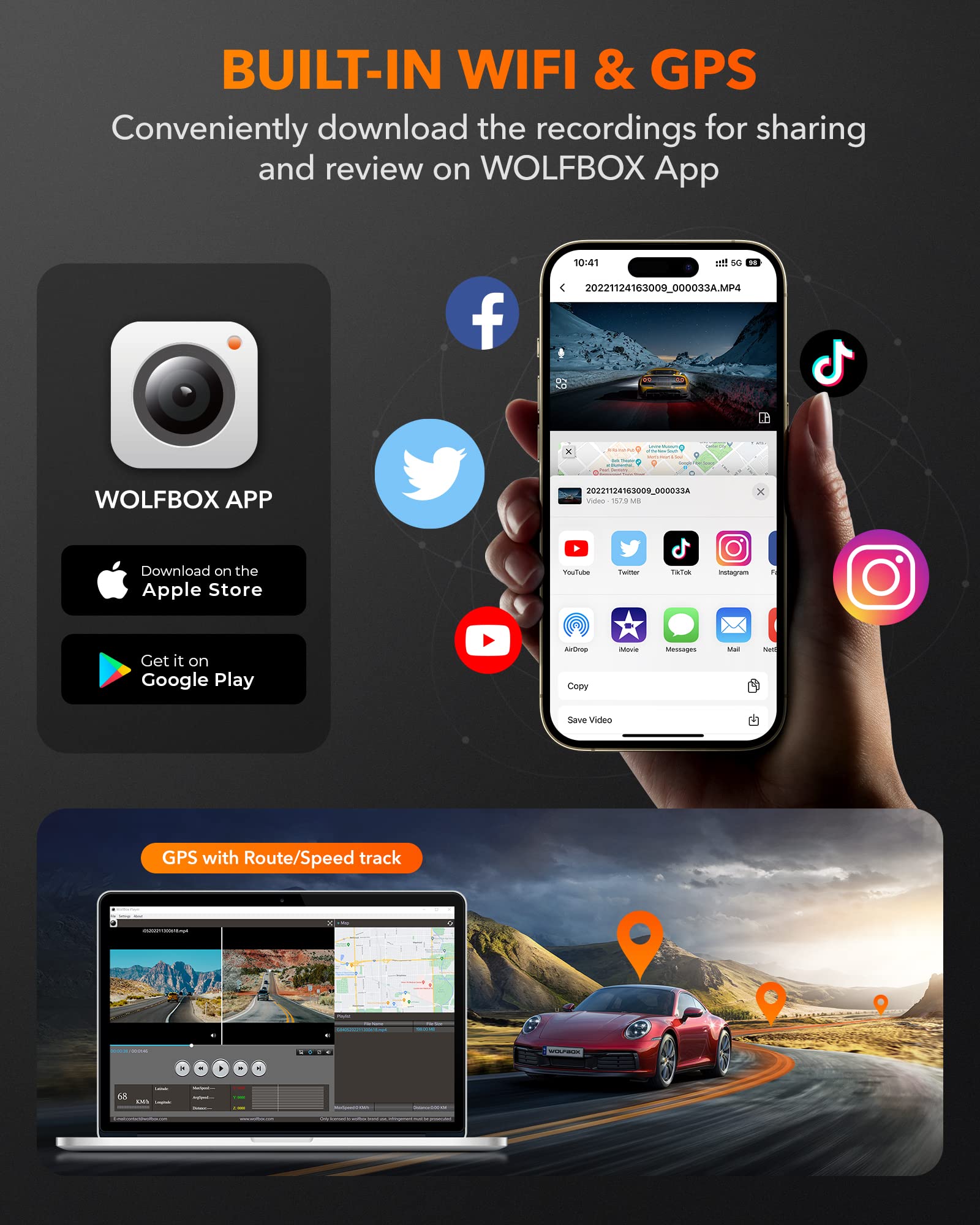 i05 | WOLFBOX Dash Cam Front and Rear, 4K Dash Cam with GPS WiFi UHD 2160P/1600P + 1080P camera WOLFBOX