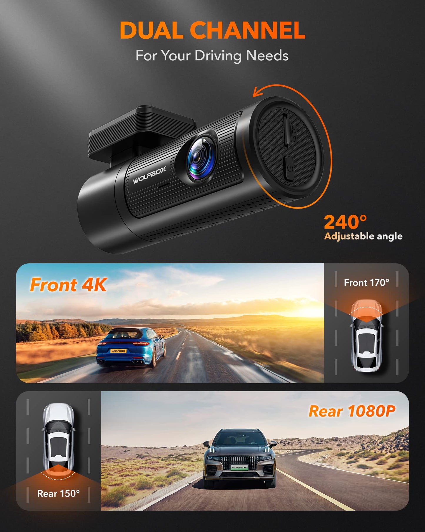 i05 | WOLFBOX Dash Cam Front and Rear, 4K Dash Cam with GPS WiFi UHD 2160P/1600P + 1080P camera WOLFBOX