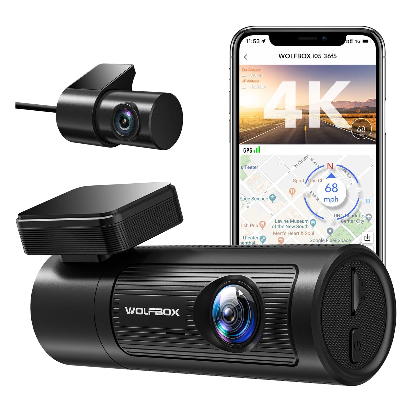 i05 | WOLFBOX Dash Cam Front and Rear, 4K Dash Cam with GPS WiFi UHD 2160P/1600P + 1080P camera WOLFBOX