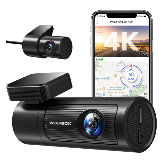 i05 | WOLFBOX Dash Cam Front and Rear, 4K Dash Cam with GPS WiFi UHD 2160P/1600P + 1080P camera WOLFBOX