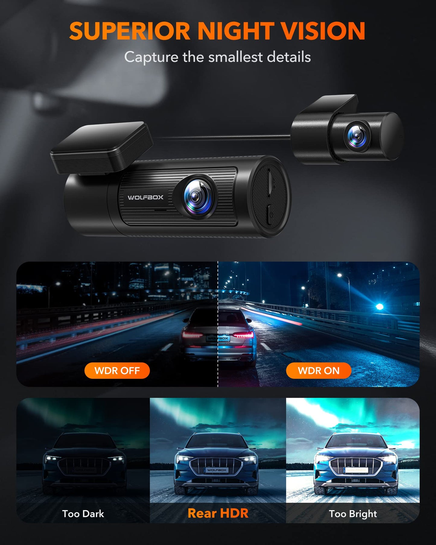 i05 | WOLFBOX Dash Cam Front and Rear, 4K Dash Cam with GPS WiFi UHD 2160P/1600P + 1080P camera WOLFBOX