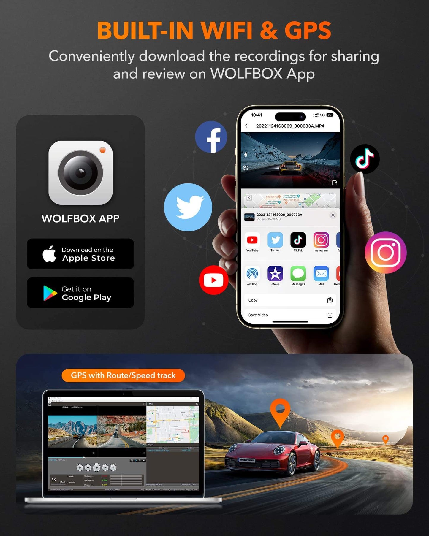 WOLFBOX G840H Wi-Fi Rear View Mirror Dash Cam camera WOLFBOX