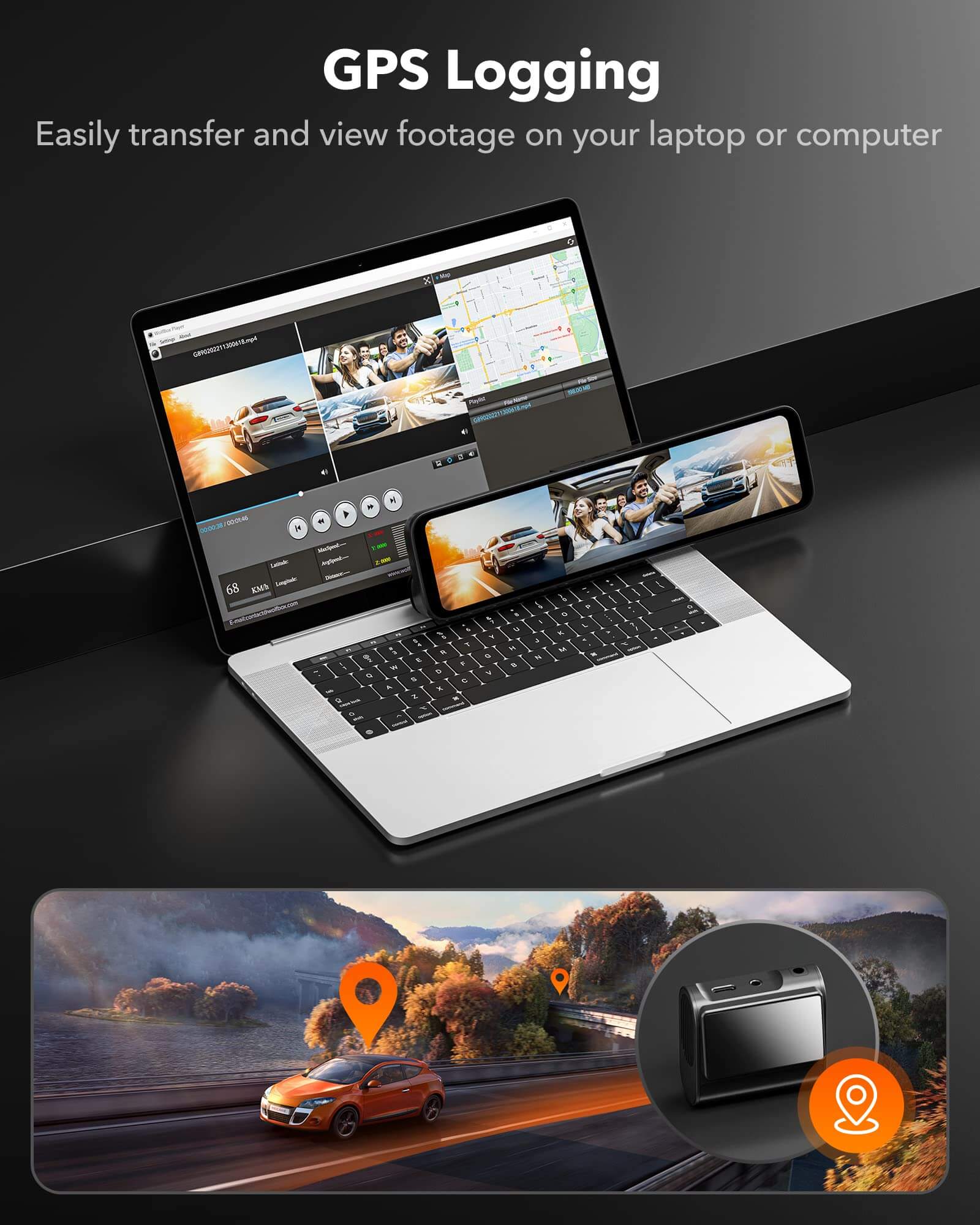 WOLFBOX G890 3 Channel Dash Cam with GPS Smart Mirror camera WOLFBOX