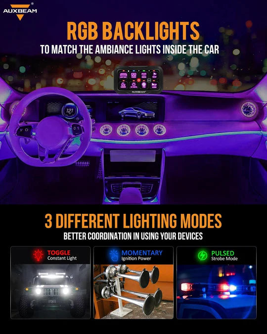AUXBEAM RC-800 RGB Switch Panel with Remote Controller, Toggle/ Momentary/ Pulsed Mode Supported(One-Sided Outlet)