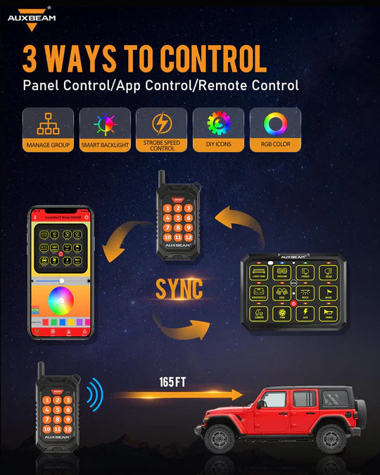AUXBEAM AC-1200 RGB Switch Panel with APP&Remote Control, Toggle/ Momentary/ Pulsed Mode Supported(One-Sided Outlet)